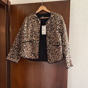 Zara Tan and Black Leopard Print Quilted Jacket